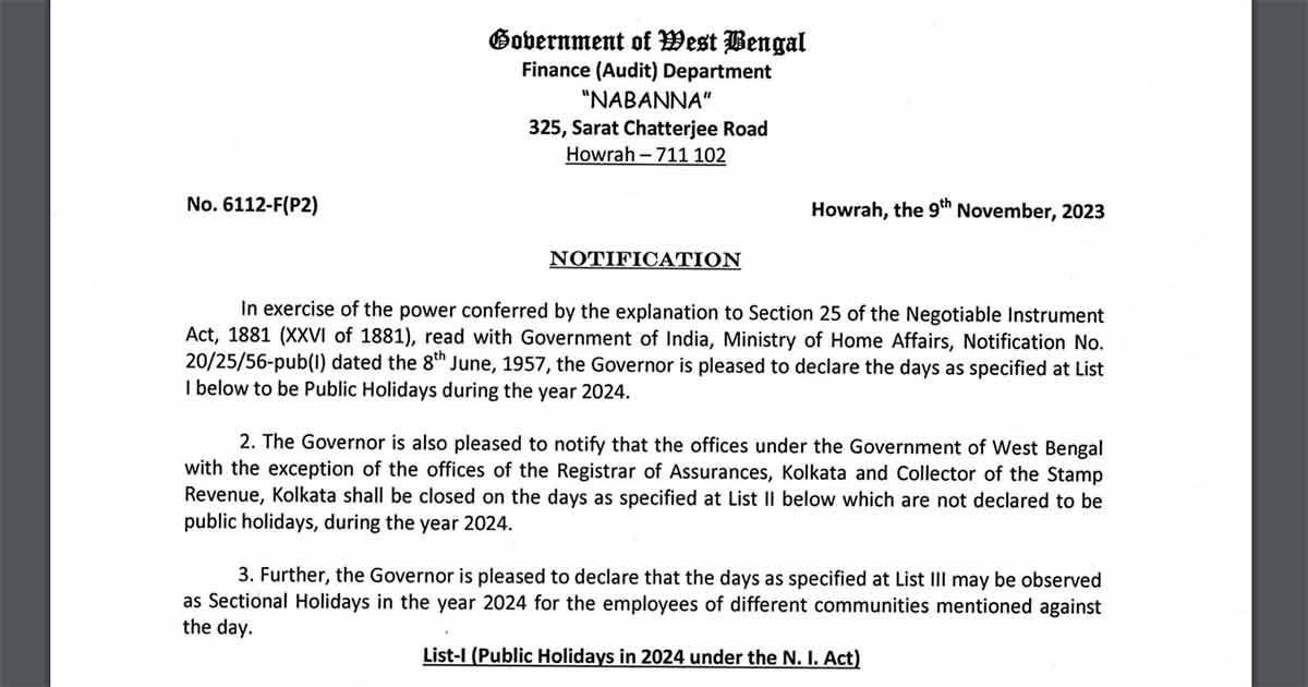 WB Govt Holidays 2024 Official Notification