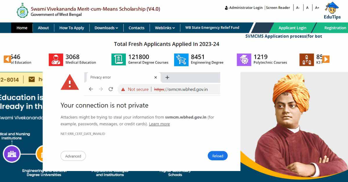 Swami Vivekananda Scholarship SVMCM V4 Portal Privacy Error Your connection is not private