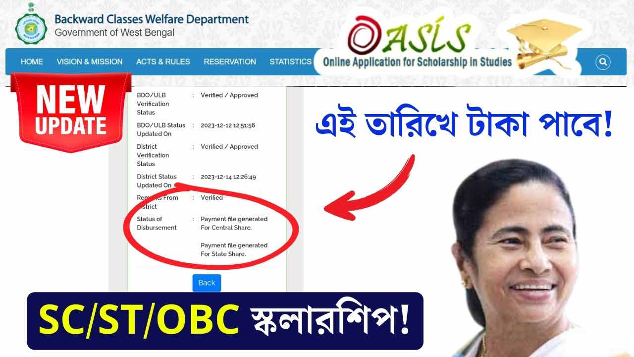 OASIS SC/ST/OBC Scholarship Fund Disbursement Payment File Generated from State and Central Govt Department