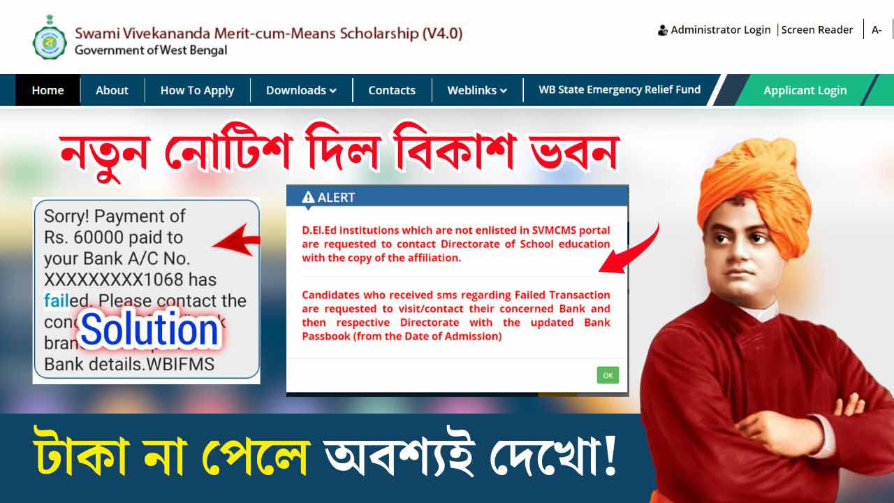 SVMCM Transaction Failed with Bank Swami Vivekananda Scholarship 2024 New Update