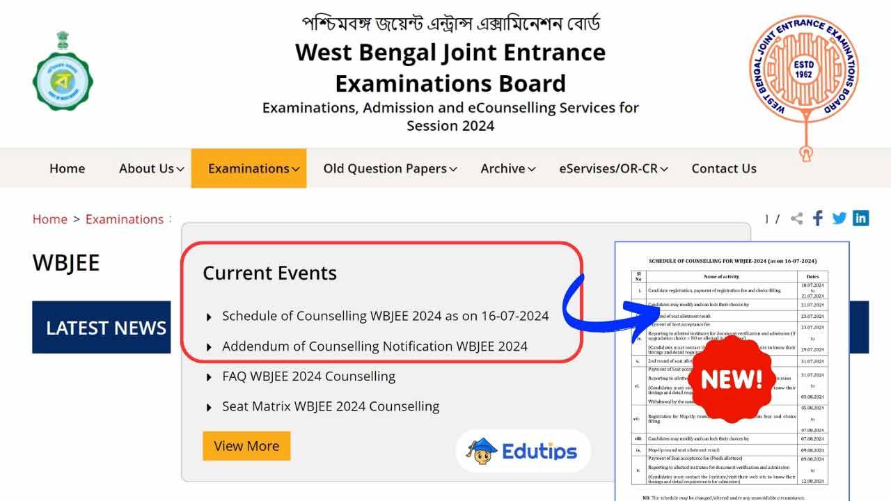 WBJEE Counselling New Dates New Schedule Published by The Board on 16th July 2024