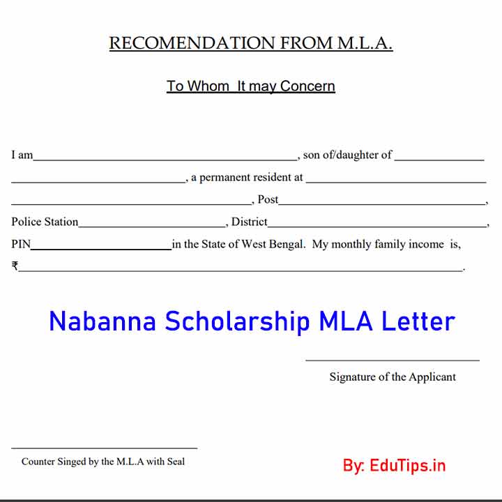 RECOMENDATION FROM M.L.A PDF Download Nabanna Scholarship Application Westbengal