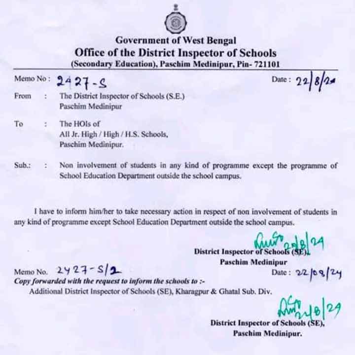 District Inspector of School Notice for Non Involvement of Students in Outside Activity