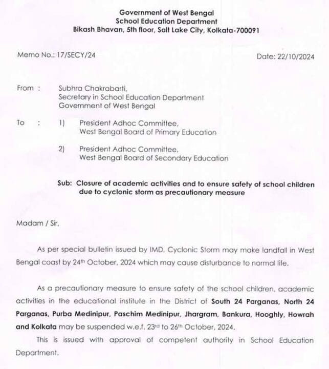 Closure of academic activities due to cyclonic storm as precautionary measure